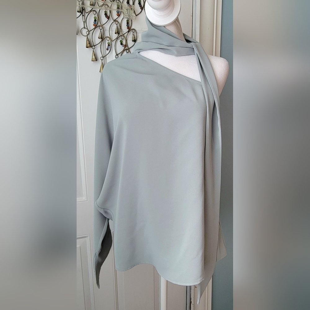 C/MEO Collective One-Shoulder Tie Neck Drape Blouse Womens S Pale Sage Structure